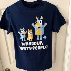 Bluey Whaddup Party People Graphic T-Shirt Navy Blue Adult Small (34-36)